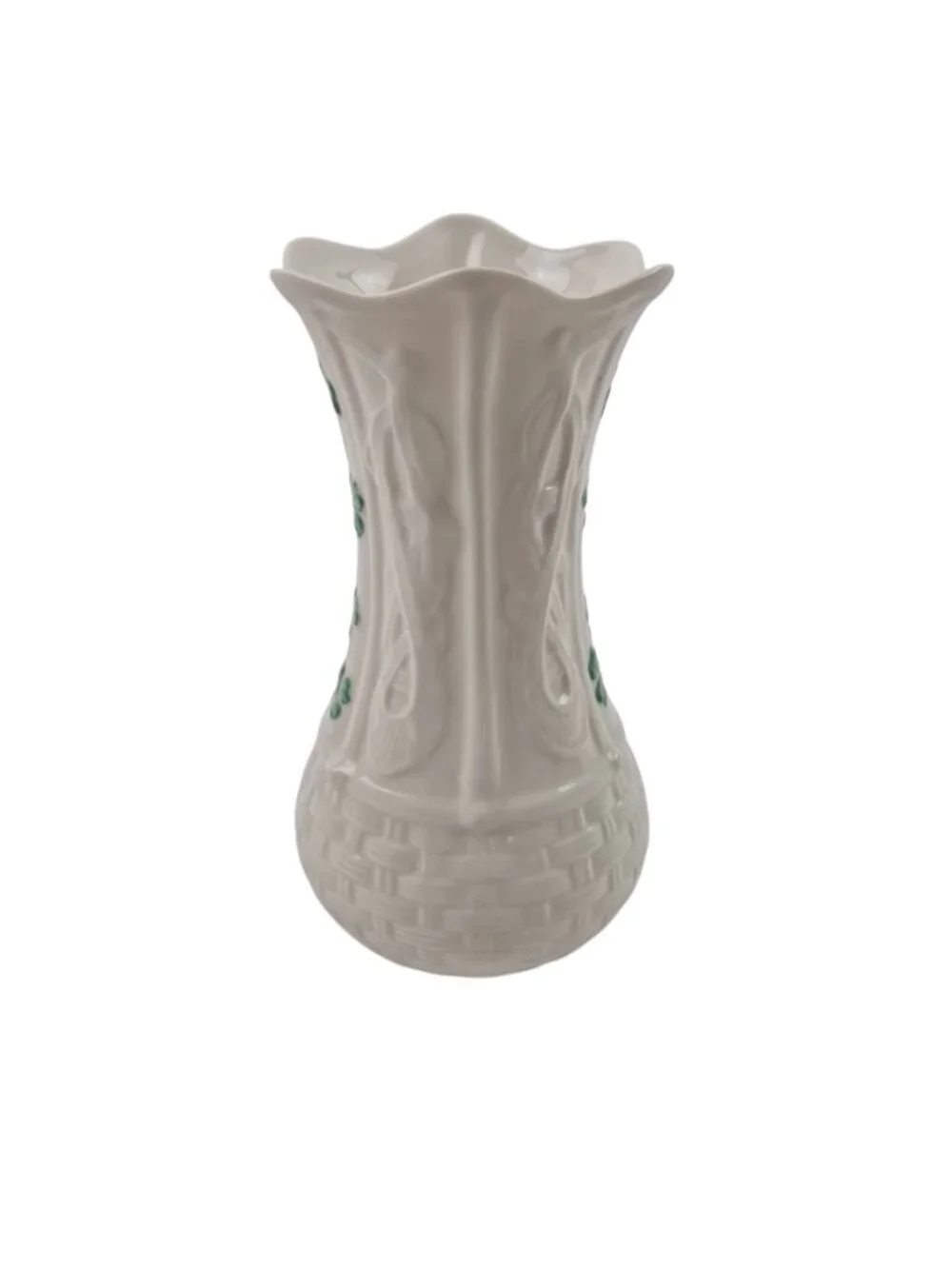 Belleek Shamrock Kells Vase Porcelain 6 in Basketweave Green Mark Vintage